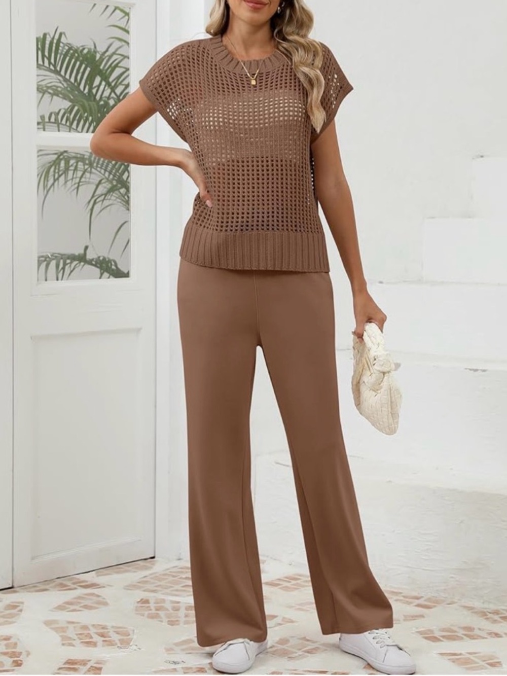 NWOT Wide-Leg Drawstring Pants & Knit Top Set - Brown M